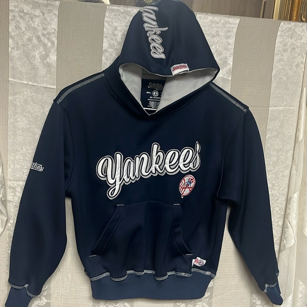 MLB New York Yankees Hoodie Boys Size Small Blue Pullover Embroidered Stitched